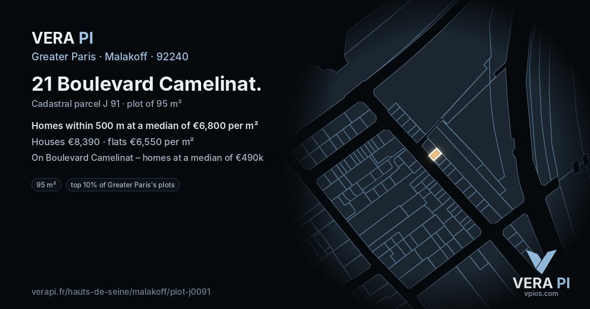 21 Boulevard Camelinat, Malakoff at night – the plot lit, the parcels around coloured by the prices near them