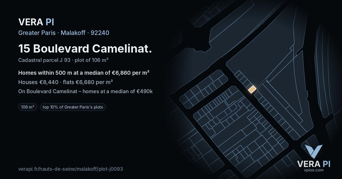 15 Boulevard Camelinat, Malakoff at night – the plot lit, the parcels around coloured by the prices near them