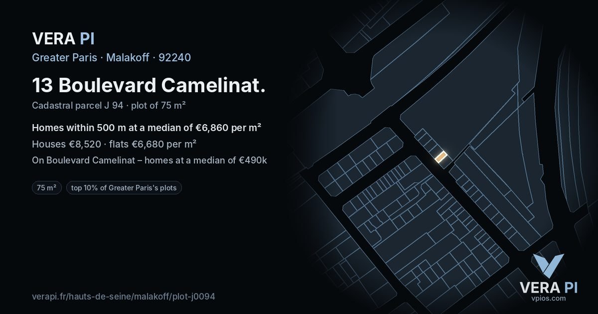 13 Boulevard Camelinat, Malakoff at night – the plot lit, the parcels around coloured by the prices near them