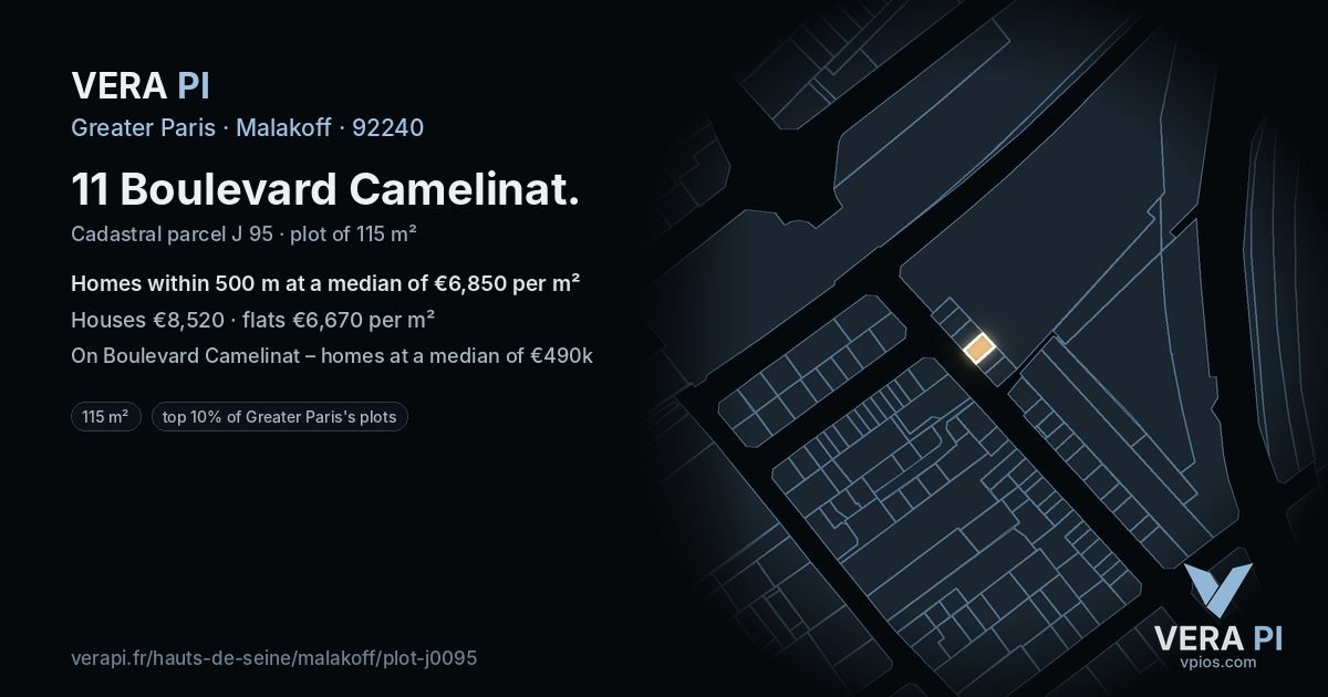 11 Boulevard Camelinat, Malakoff at night – the plot lit, the parcels around coloured by the prices near them