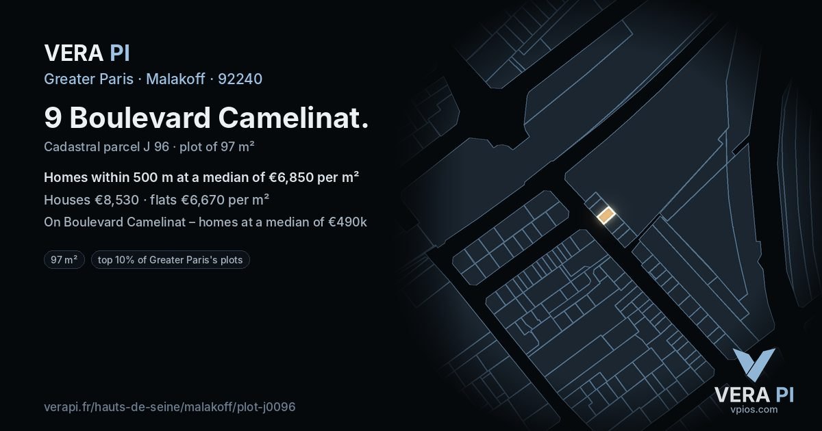9 Boulevard Camelinat, Malakoff at night – the plot lit, the parcels around coloured by the prices near them