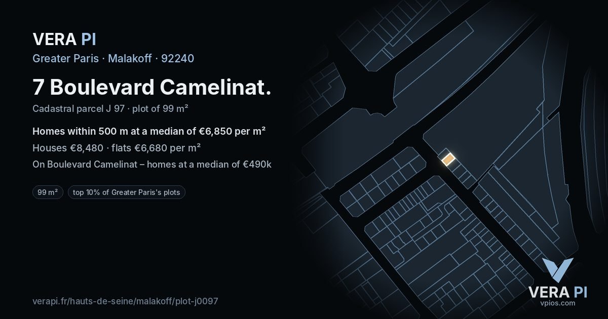 7 Boulevard Camelinat, Malakoff at night – the plot lit, the parcels around coloured by the prices near them