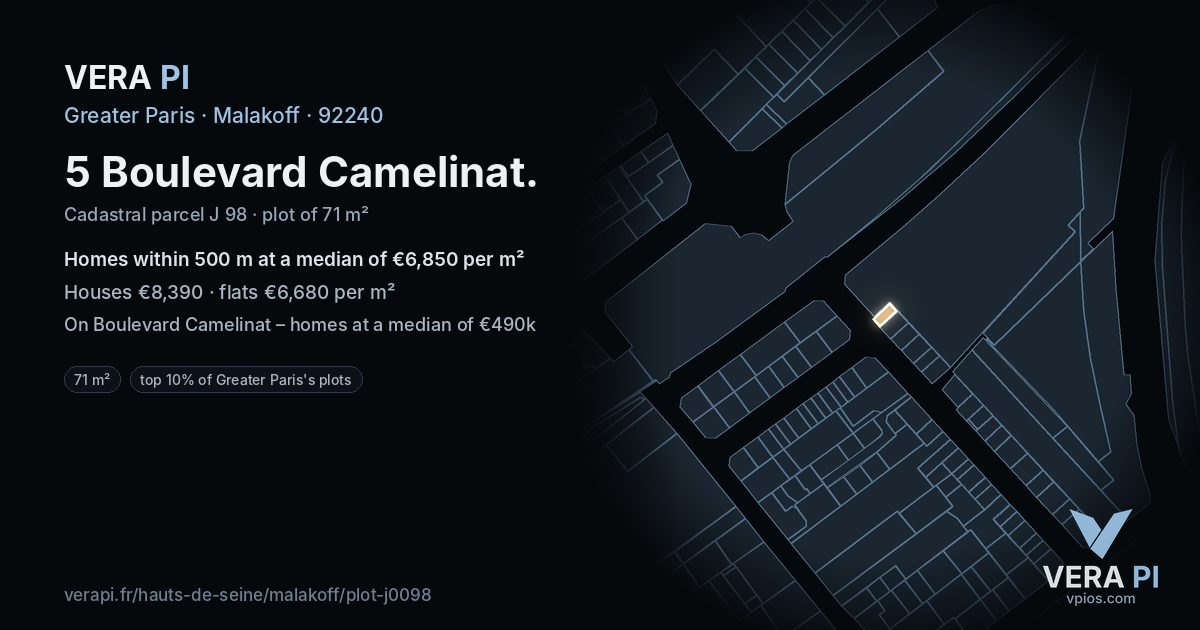 5 Boulevard Camelinat, Malakoff at night – the plot lit, the parcels around coloured by the prices near them