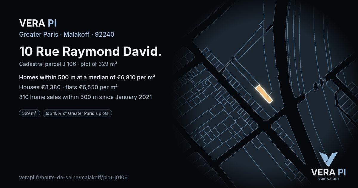 10 Rue Raymond David, Malakoff at night – the plot lit, the parcels around coloured by the prices near them