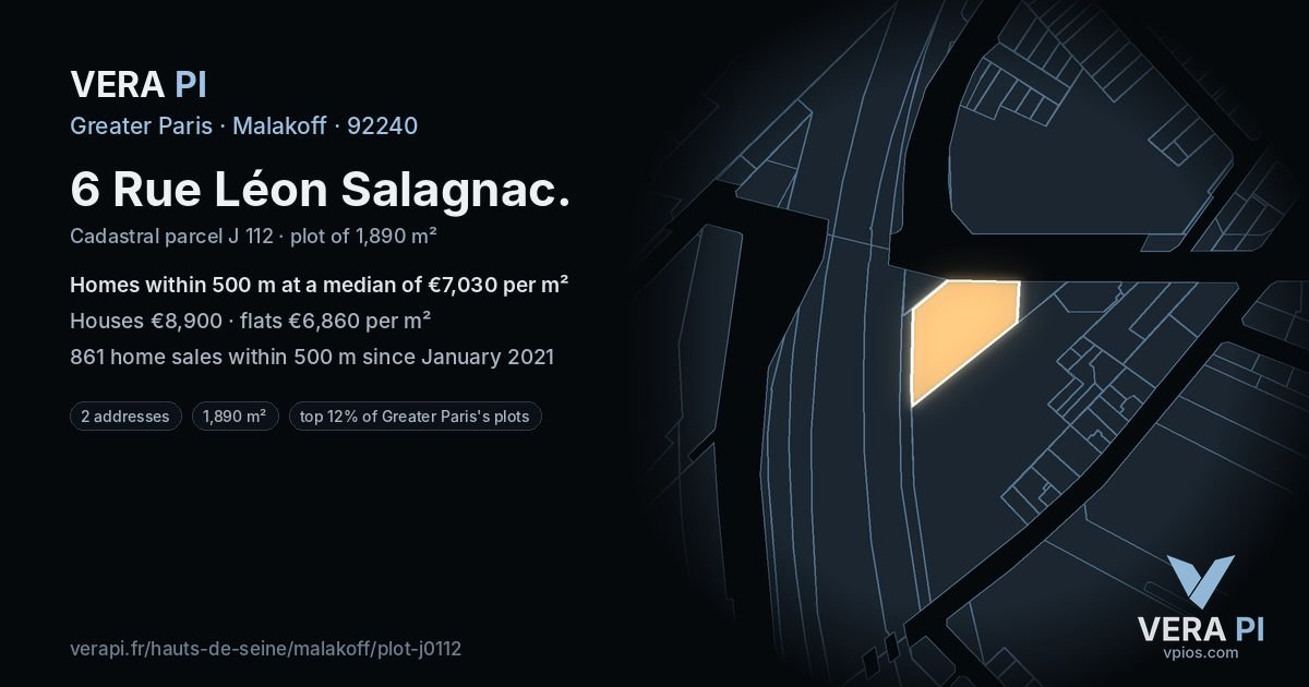 6 Rue Léon Salagnac, Malakoff at night – the plot lit, the parcels around coloured by the prices near them