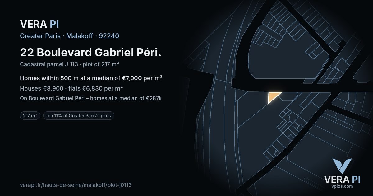 22 Boulevard Gabriel Péri, Malakoff at night – the plot lit, the parcels around coloured by the prices near them