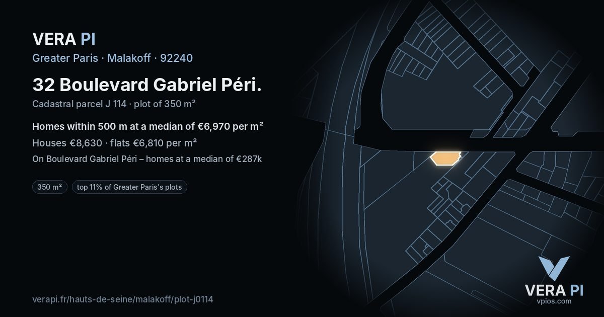 32 Boulevard Gabriel Péri, Malakoff at night – the plot lit, the parcels around coloured by the prices near them