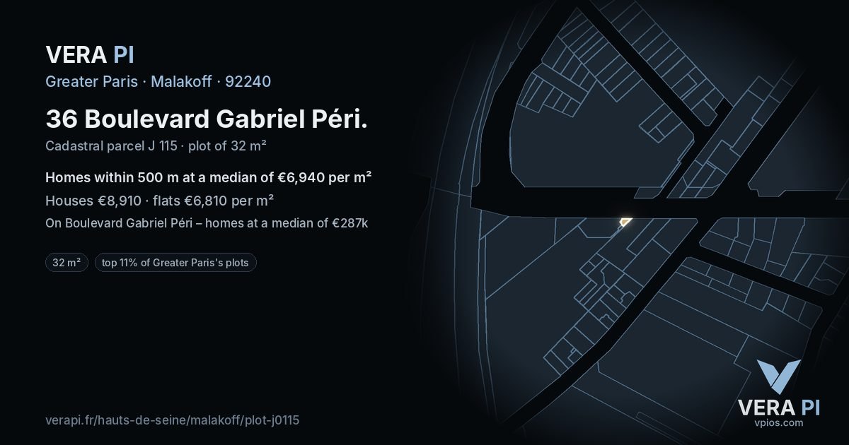 36 Boulevard Gabriel Péri, Malakoff at night – the plot lit, the parcels around coloured by the prices near them
