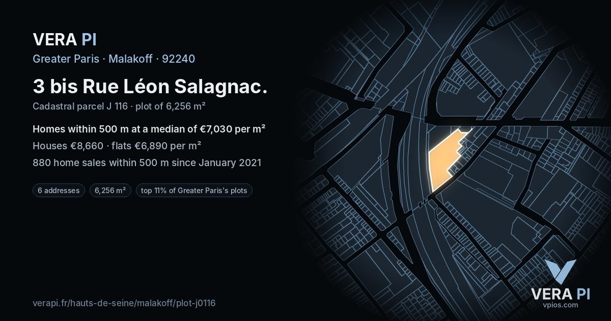 3 bis Rue Léon Salagnac, Malakoff at night – the plot lit, the parcels around coloured by the prices near them