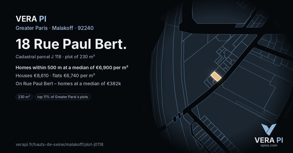 18 Rue Paul Bert, Malakoff at night – the plot lit, the parcels around coloured by the prices near them