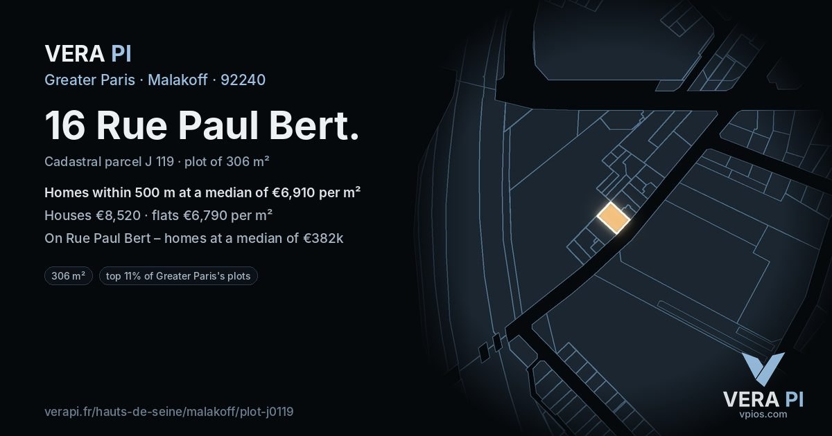 16 Rue Paul Bert, Malakoff at night – the plot lit, the parcels around coloured by the prices near them