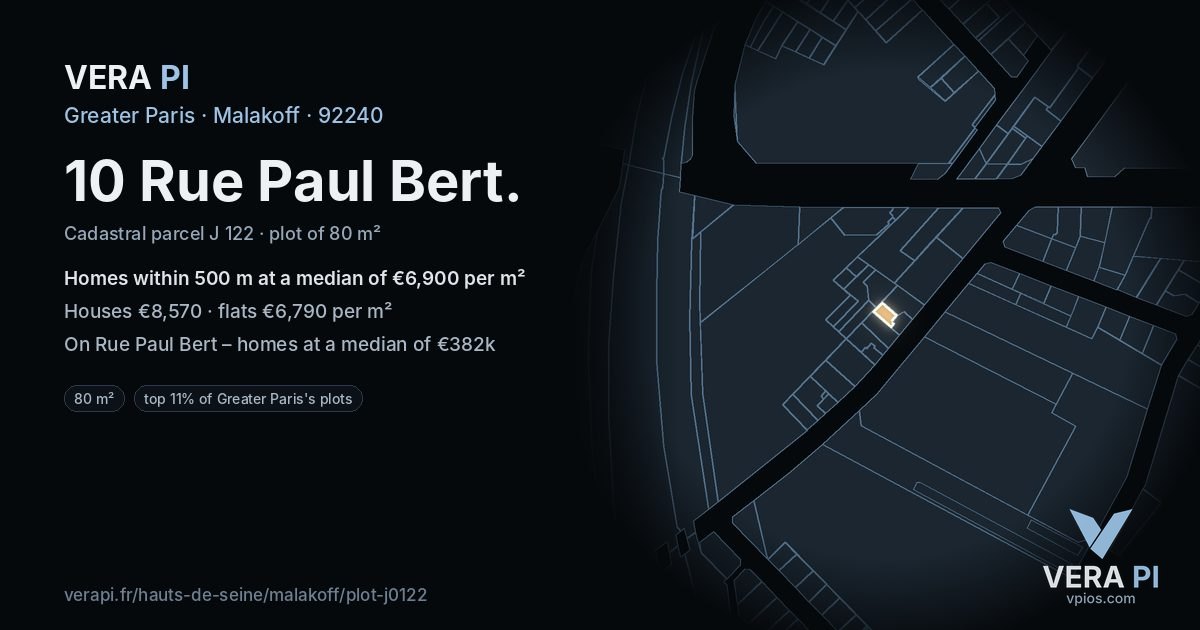 10 Rue Paul Bert, Malakoff at night – the plot lit, the parcels around coloured by the prices near them