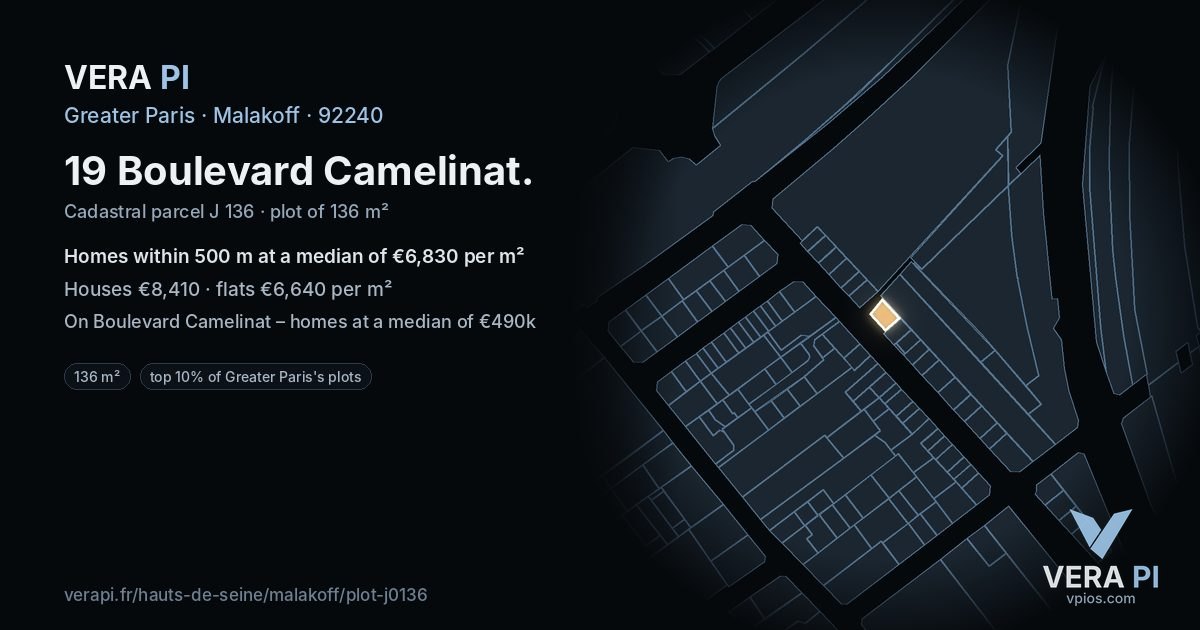 19 Boulevard Camelinat, Malakoff at night – the plot lit, the parcels around coloured by the prices near them