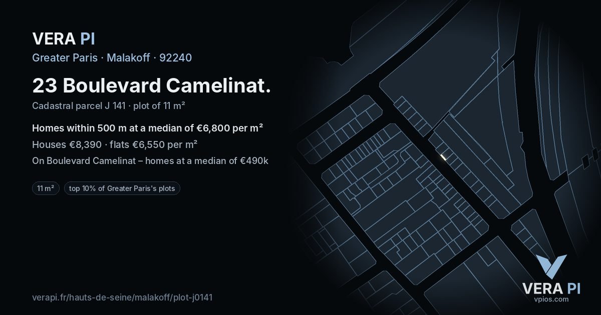 23 Boulevard Camelinat, Malakoff at night – the plot lit, the parcels around coloured by the prices near them