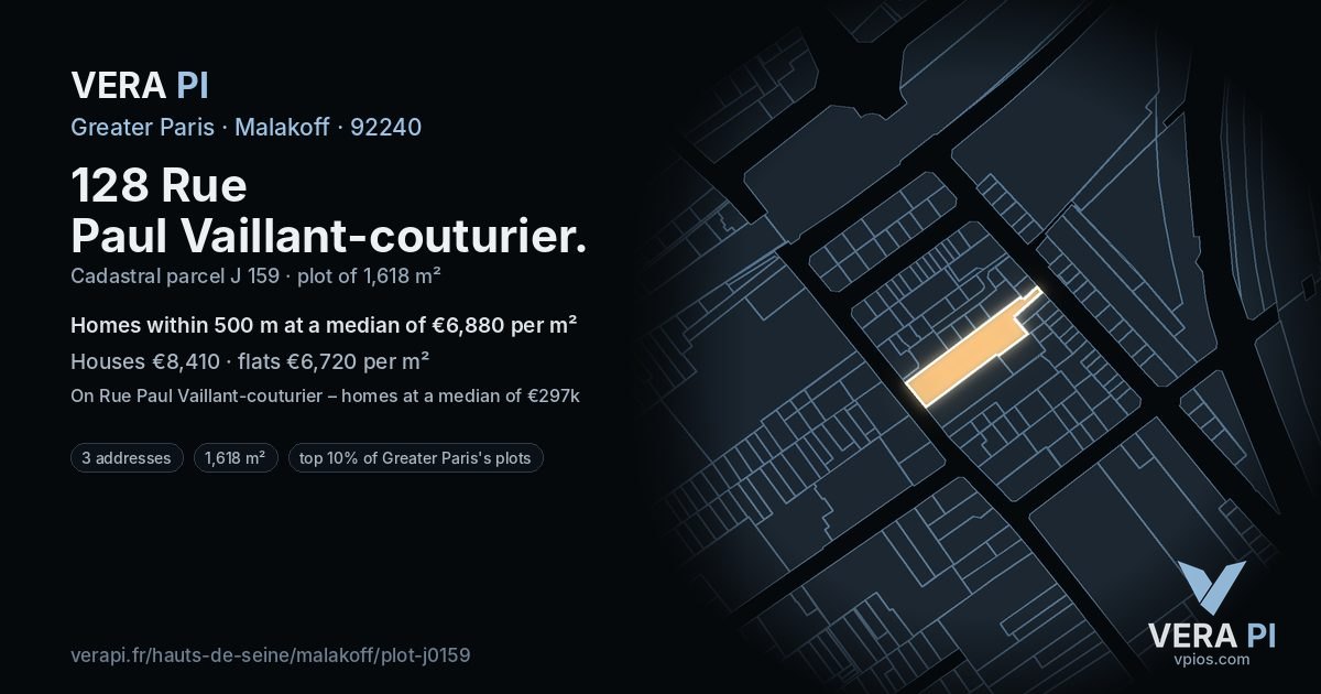 128 Rue Paul Vaillant-couturier, Malakoff at night – the plot lit, the parcels around coloured by the prices near them