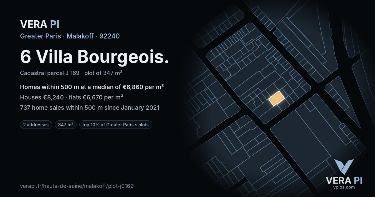 6 Villa Bourgeois, Malakoff at night – the plot lit, the parcels around coloured by the prices near them