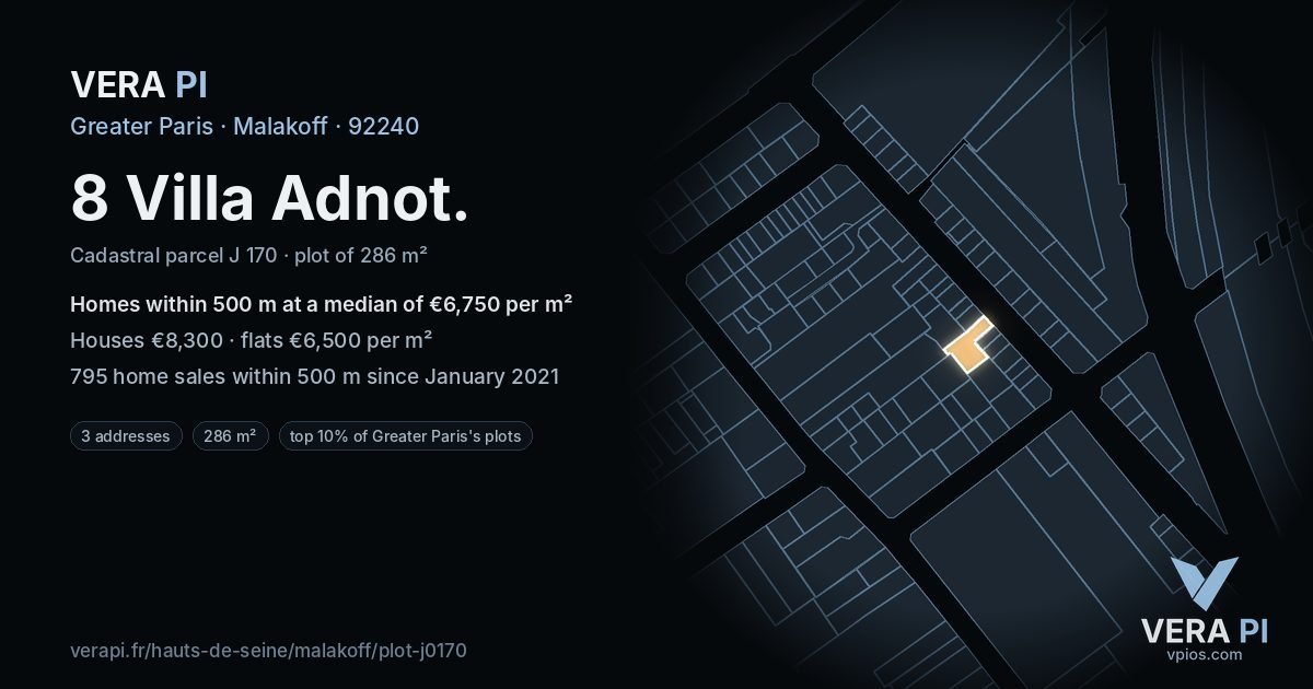 8 Villa Adnot, Malakoff at night – the plot lit, the parcels around coloured by the prices near them