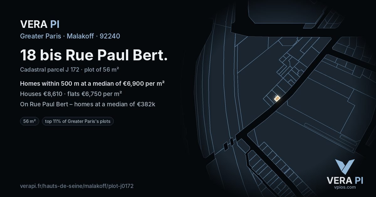 18 bis Rue Paul Bert, Malakoff at night – the plot lit, the parcels around coloured by the prices near them