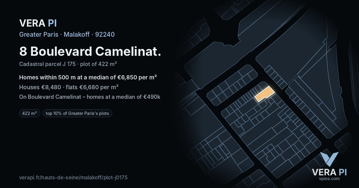 8 Boulevard Camelinat, Malakoff at night – the plot lit, the parcels around coloured by the prices near them