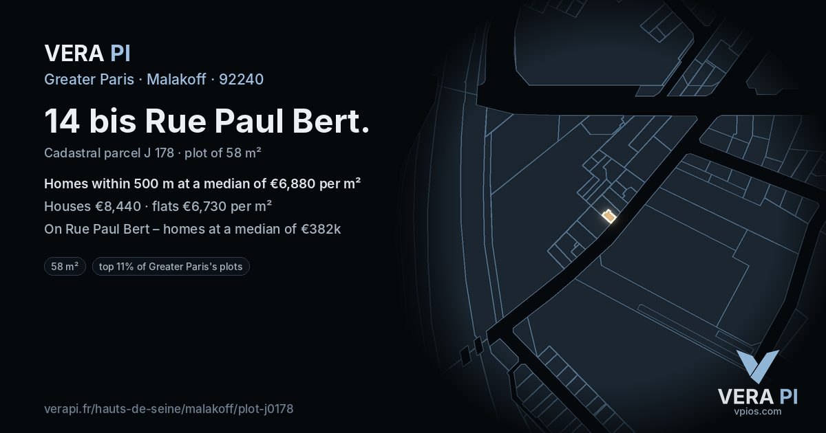 14 bis Rue Paul Bert, Malakoff at night – the plot lit, the parcels around coloured by the prices near them