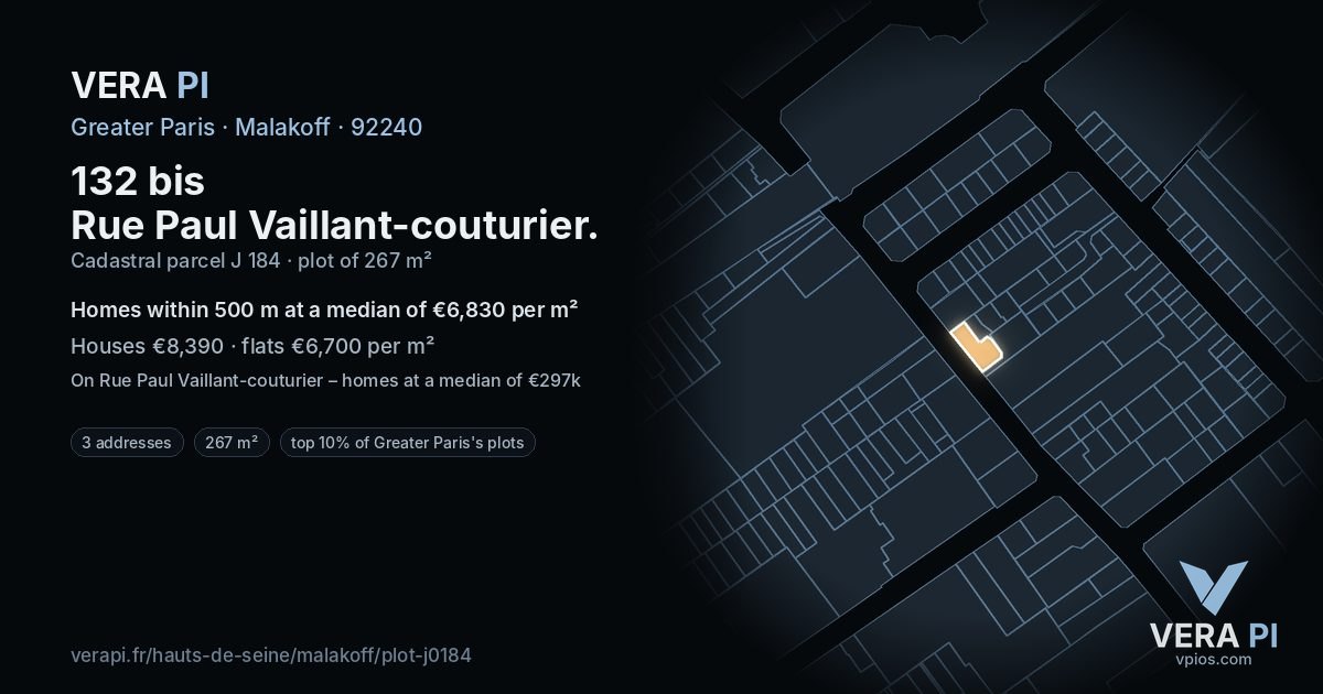 132 bis Rue Paul Vaillant-couturier, Malakoff at night – the plot lit, the parcels around coloured by the prices near them