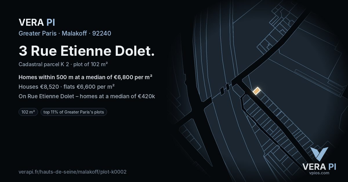 3 Rue Etienne Dolet, Malakoff at night – the plot lit, the parcels around coloured by the prices near them
