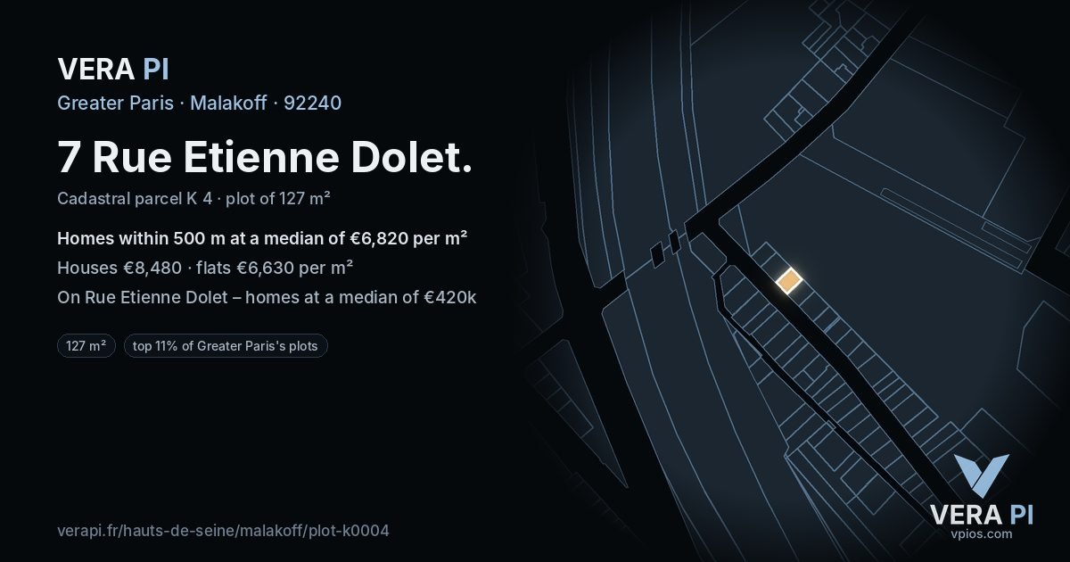 7 Rue Etienne Dolet, Malakoff at night – the plot lit, the parcels around coloured by the prices near them