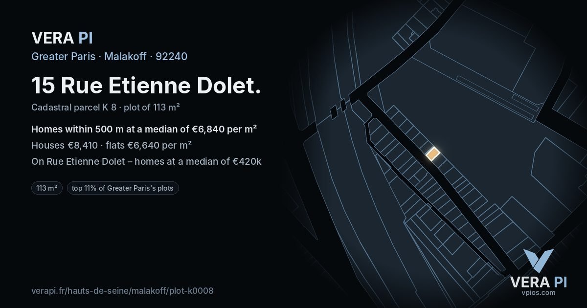 15 Rue Etienne Dolet, Malakoff at night – the plot lit, the parcels around coloured by the prices near them