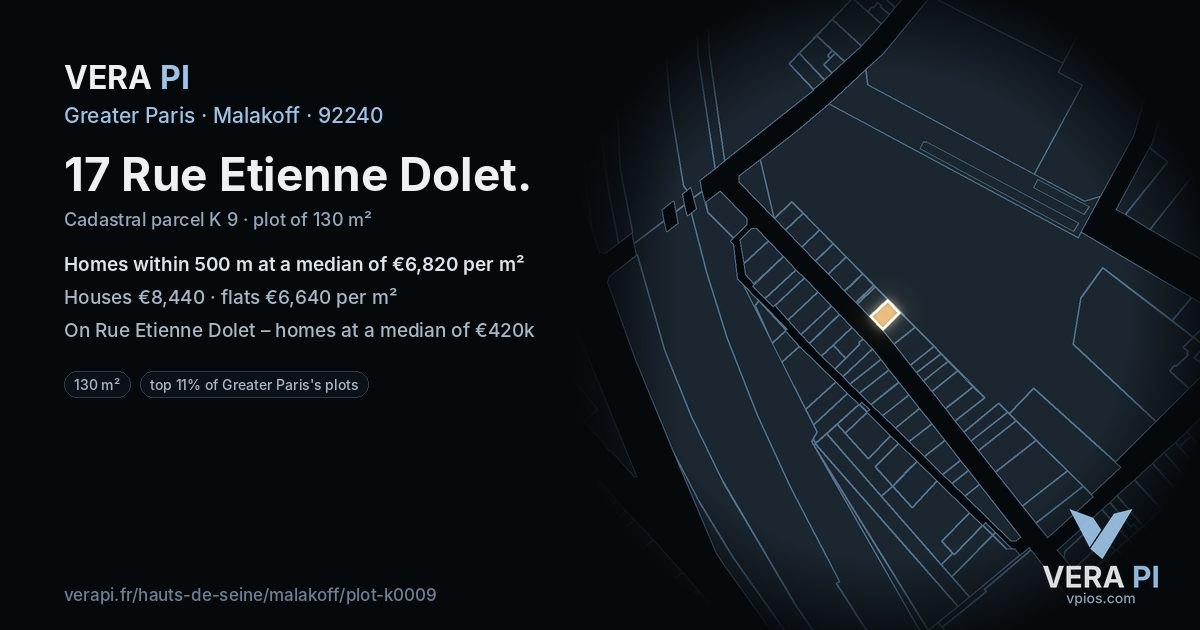 17 Rue Etienne Dolet, Malakoff at night – the plot lit, the parcels around coloured by the prices near them
