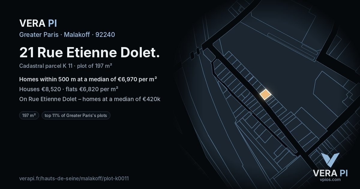 21 Rue Etienne Dolet, Malakoff at night – the plot lit, the parcels around coloured by the prices near them