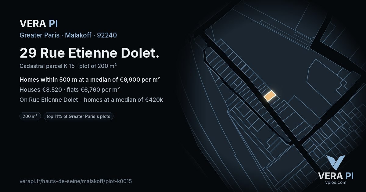29 Rue Etienne Dolet, Malakoff at night – the plot lit, the parcels around coloured by the prices near them