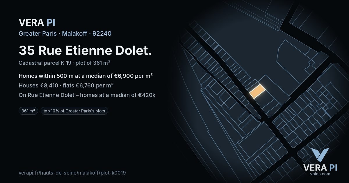 35 Rue Etienne Dolet, Malakoff at night – the plot lit, the parcels around coloured by the prices near them