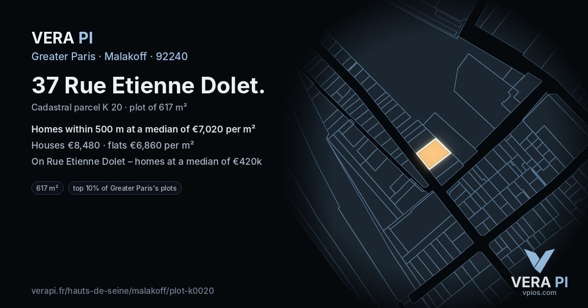 37 Rue Etienne Dolet, Malakoff at night – the plot lit, the parcels around coloured by the prices near them