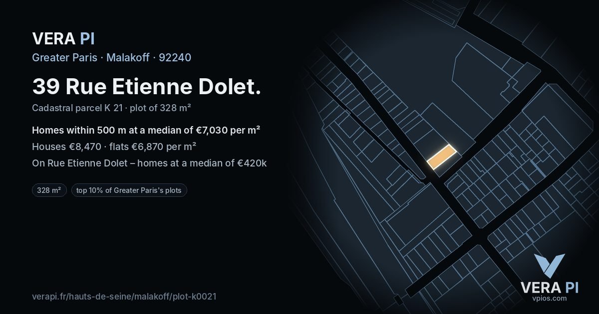 39 Rue Etienne Dolet, Malakoff at night – the plot lit, the parcels around coloured by the prices near them