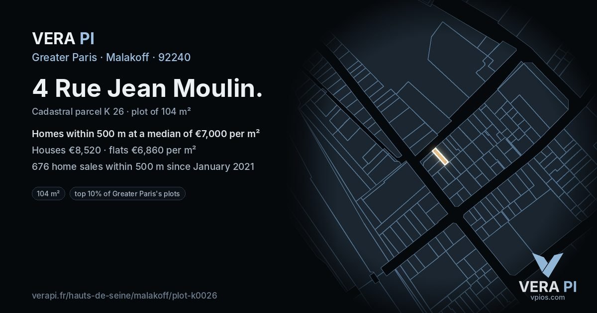 4 Rue Jean Moulin, Malakoff at night – the plot lit, the parcels around coloured by the prices near them