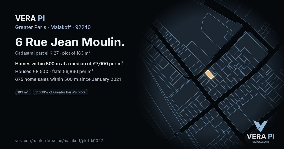 6 Rue Jean Moulin, Malakoff at night – the plot lit, the parcels around coloured by the prices near them