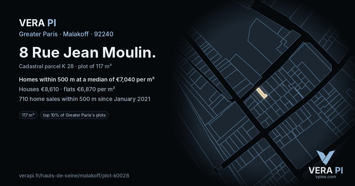 8 Rue Jean Moulin, Malakoff at night – the plot lit, the parcels around coloured by the prices near them