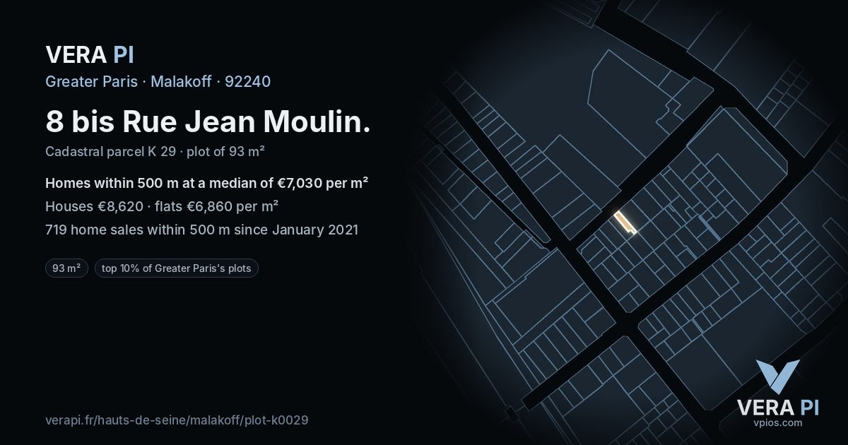 8 bis Rue Jean Moulin, Malakoff at night – the plot lit, the parcels around coloured by the prices near them