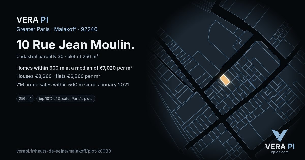 10 Rue Jean Moulin, Malakoff at night – the plot lit, the parcels around coloured by the prices near them