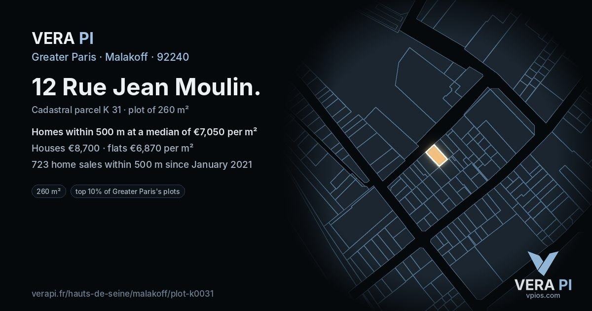 12 Rue Jean Moulin, Malakoff at night – the plot lit, the parcels around coloured by the prices near them
