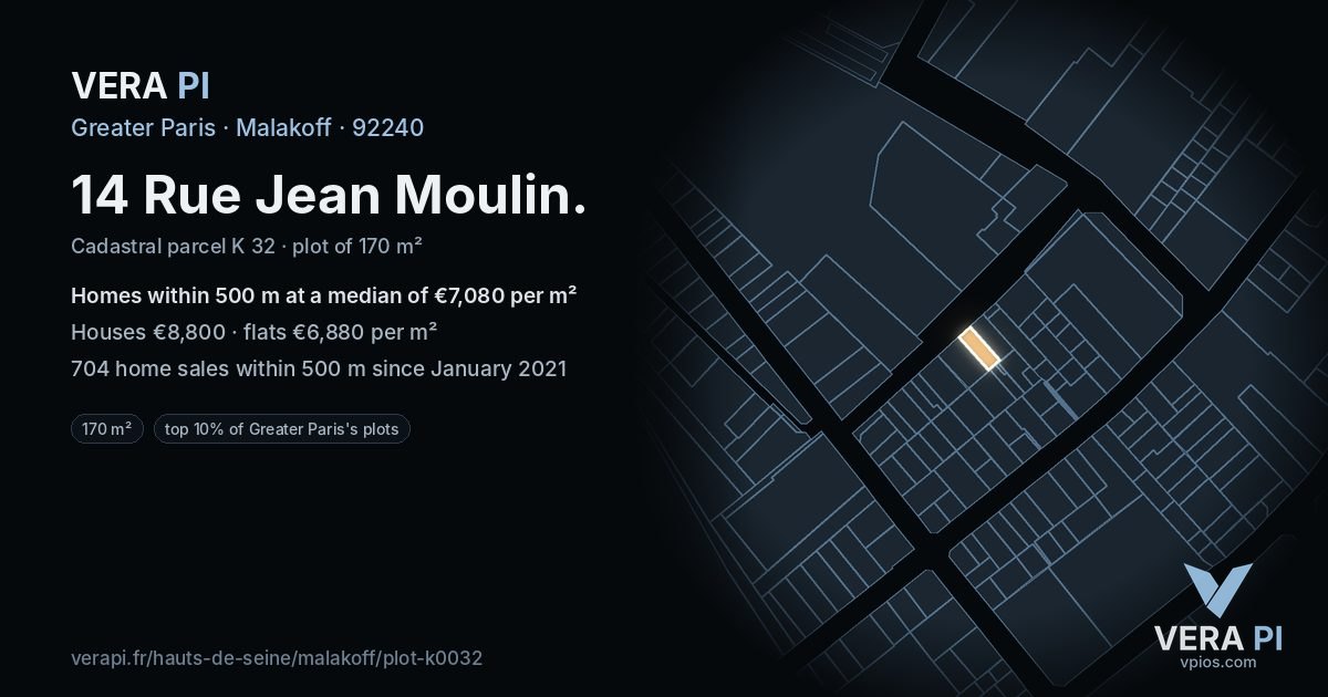 14 Rue Jean Moulin, Malakoff at night – the plot lit, the parcels around coloured by the prices near them
