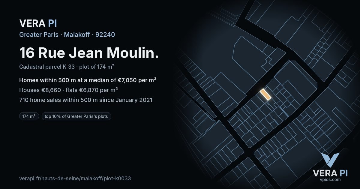 16 Rue Jean Moulin, Malakoff at night – the plot lit, the parcels around coloured by the prices near them