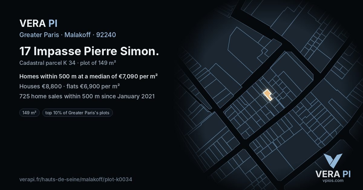 17 Impasse Pierre Simon, Malakoff at night – the plot lit, the parcels around coloured by the prices near them