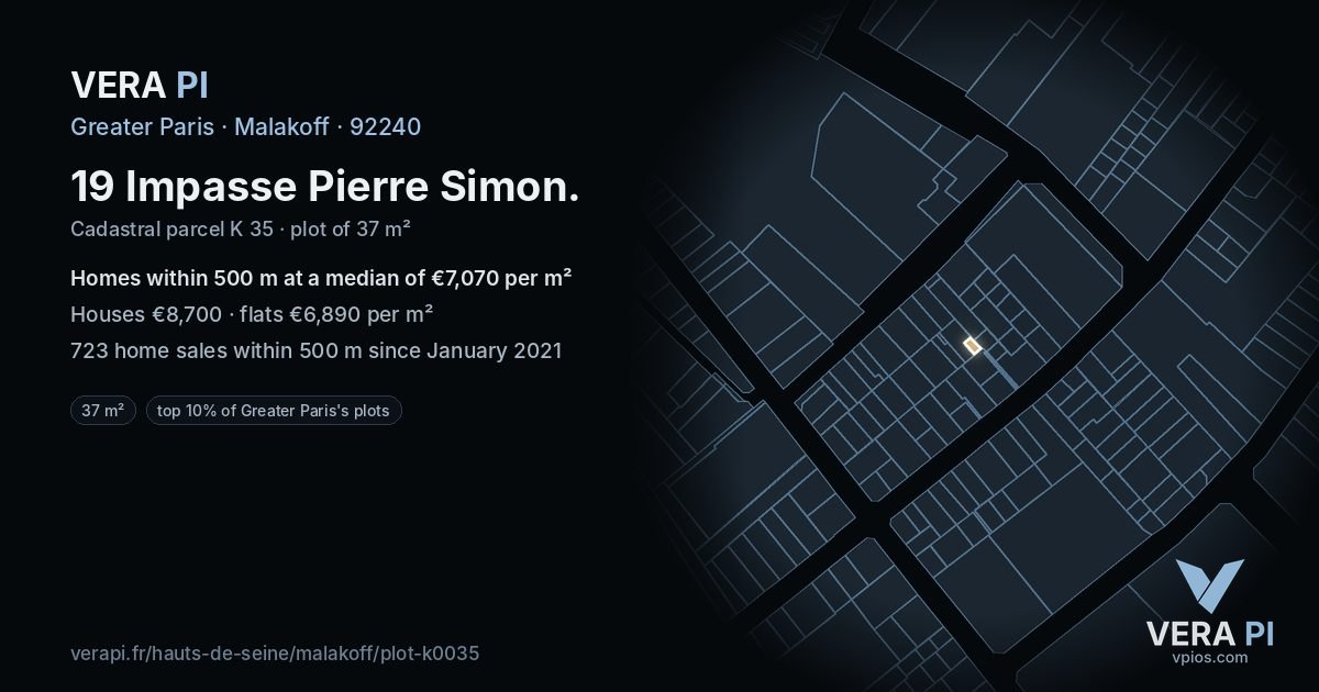 19 Impasse Pierre Simon, Malakoff at night – the plot lit, the parcels around coloured by the prices near them