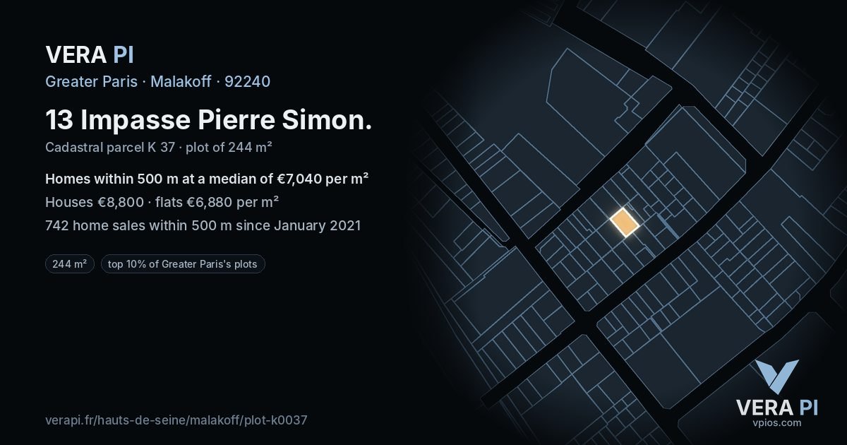 13 Impasse Pierre Simon, Malakoff at night – the plot lit, the parcels around coloured by the prices near them