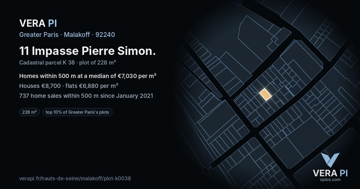 11 Impasse Pierre Simon, Malakoff at night – the plot lit, the parcels around coloured by the prices near them