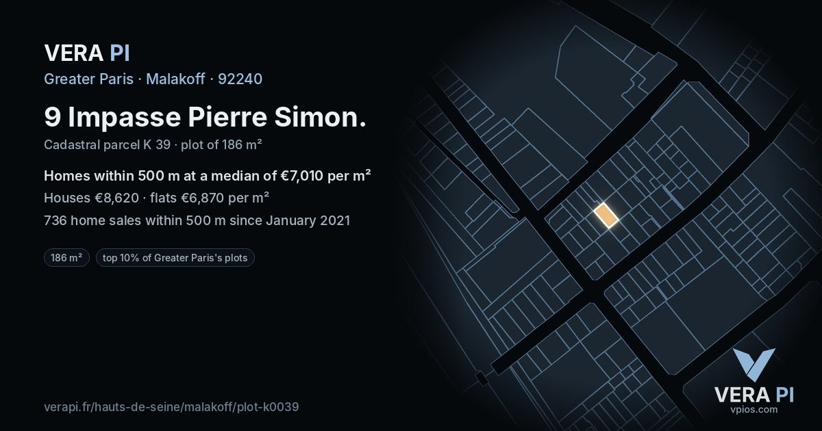 9 Impasse Pierre Simon, Malakoff at night – the plot lit, the parcels around coloured by the prices near them