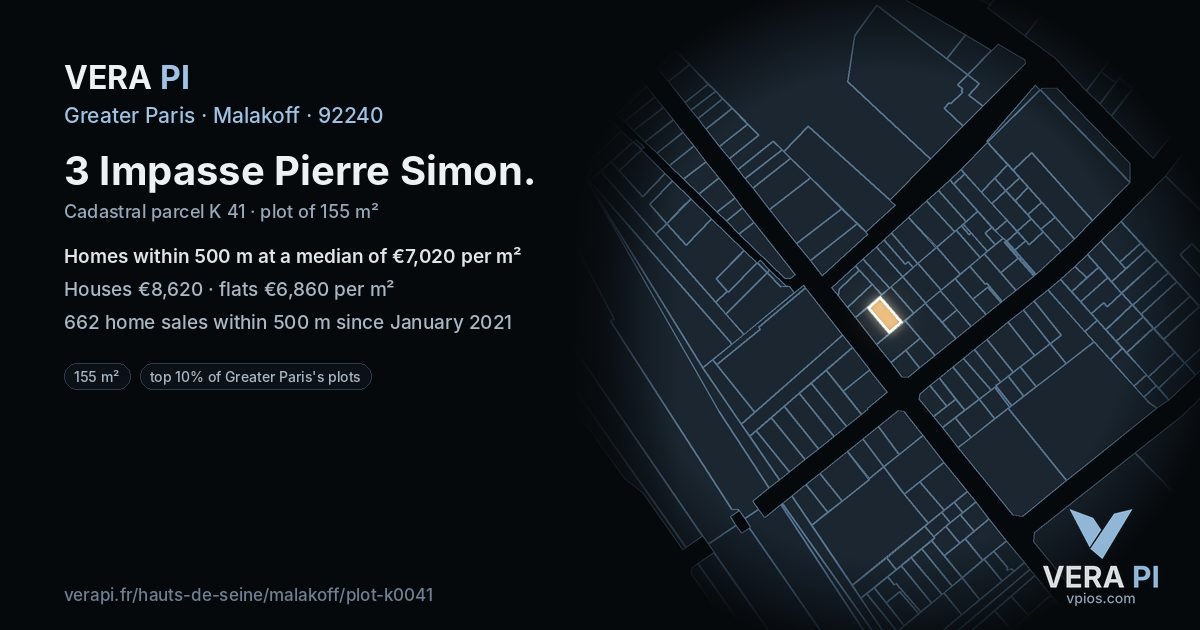 3 Impasse Pierre Simon, Malakoff at night – the plot lit, the parcels around coloured by the prices near them