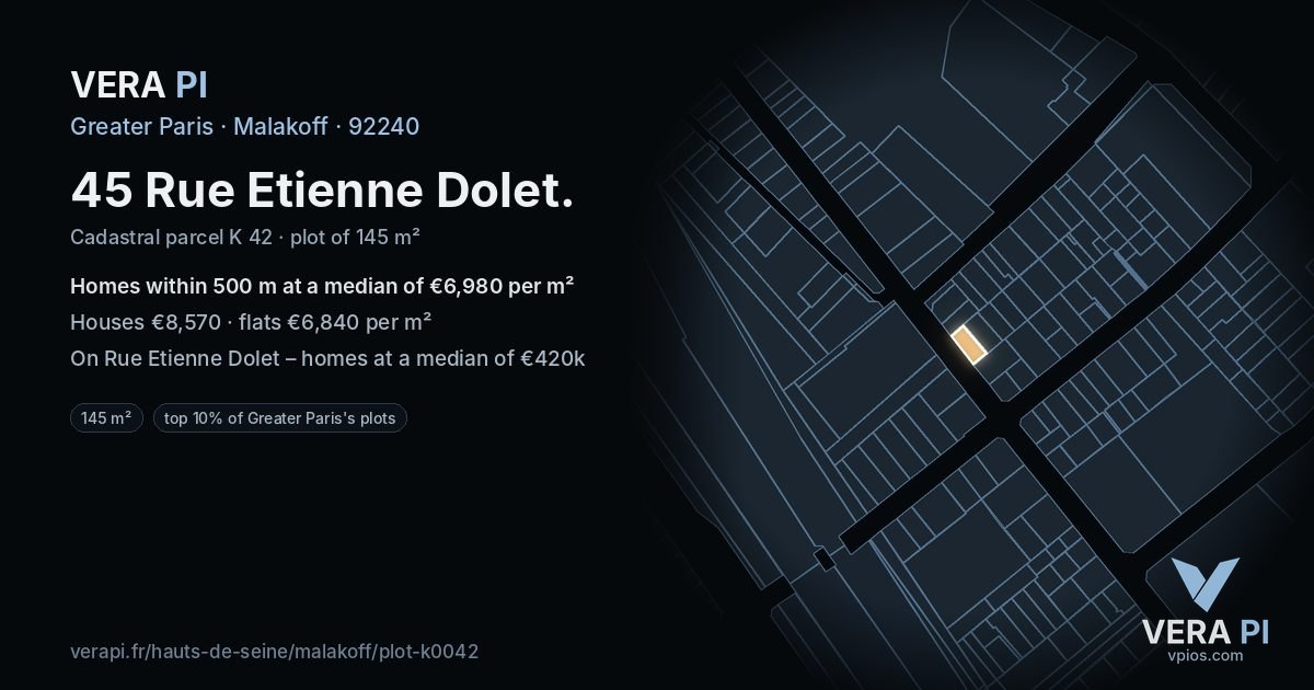 45 Rue Etienne Dolet, Malakoff at night – the plot lit, the parcels around coloured by the prices near them