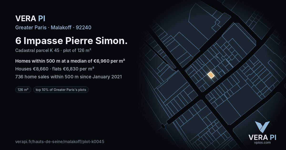 6 Impasse Pierre Simon, Malakoff at night – the plot lit, the parcels around coloured by the prices near them